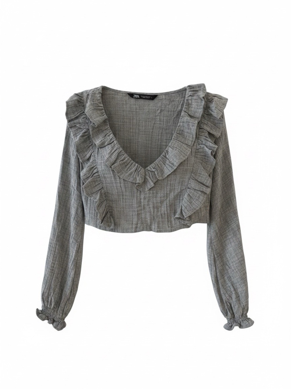 Zara Light Gray Ruffle V-Neck Cropped Blouse